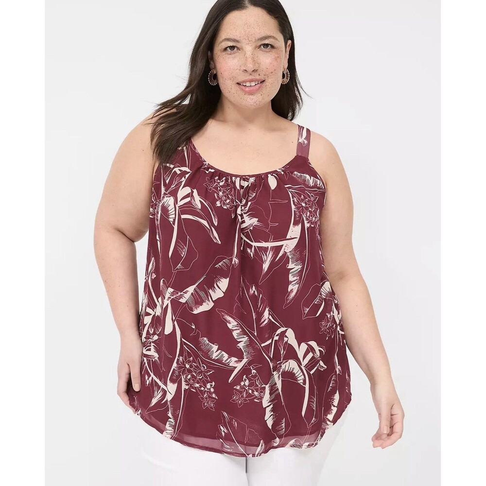 New Lane Bryant Blouse Size 24 Burgundy White Leaves Floral Scoop Neck Lined